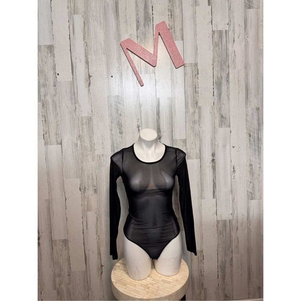 Bozzolo Black Sheer Mesh Long Sleeve Bodysuit Size M